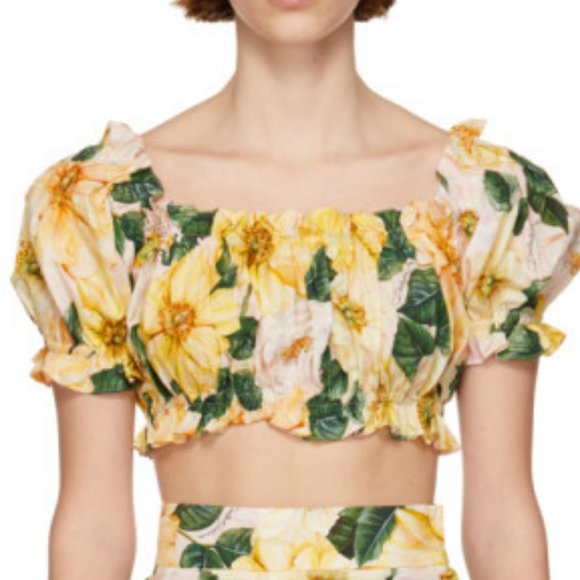 Dolce and Gabbana Yellow Camellia Print Crop Blouse - Picture 1 of 5